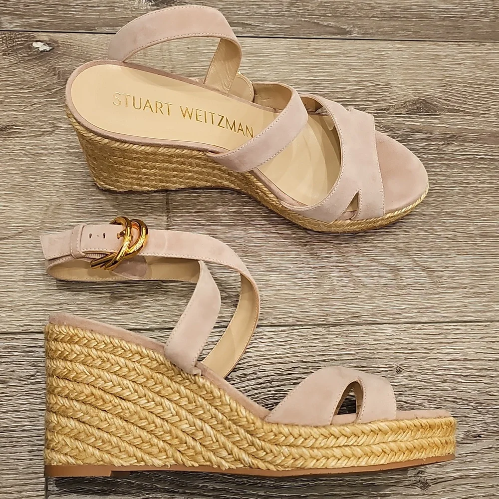 [NEW] Stuart Weitzman Beige Pink Espadrille Wedge Heeled Sandals Zuzu Buckle - Picture 10 of 10